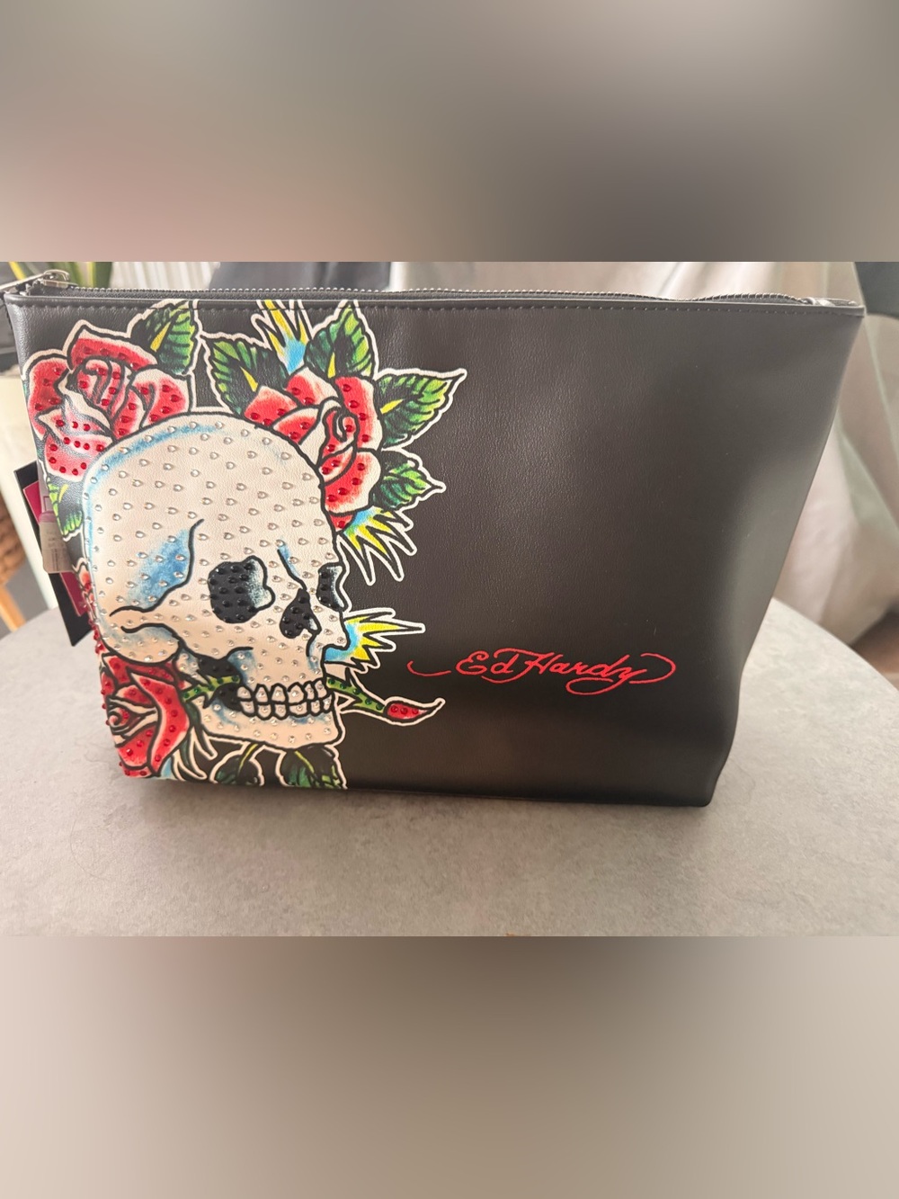 Ed Hardy Black Leather Clutch with Skull, Rose & Red Logo